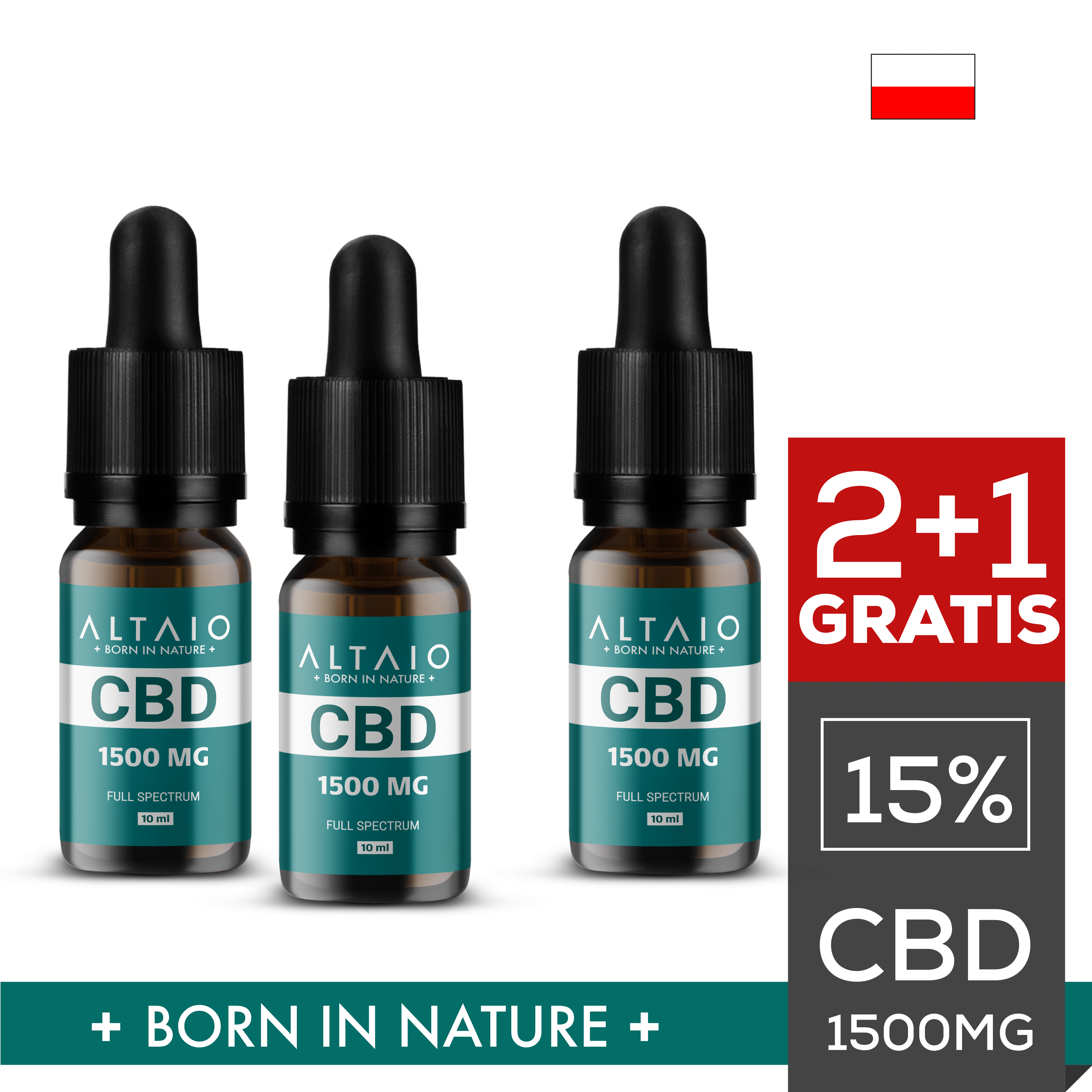 ZESTAW 2+1 GRATIS ALTAIO olejek konopny CBD 1500 mg 10 ml